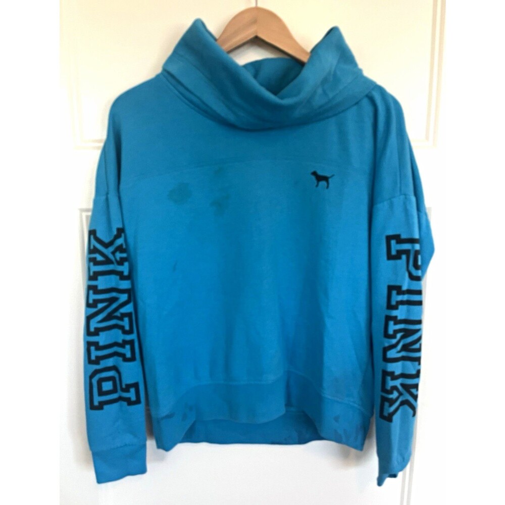 PINK Victoria's Secret Blue Solid Logo Fleece Pullover Hoodie Women's Size Small